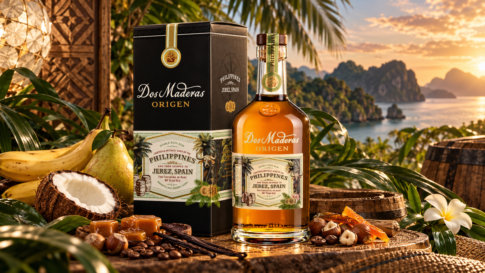 Rum Dos Maderas Origen Philippines pri západe slnka